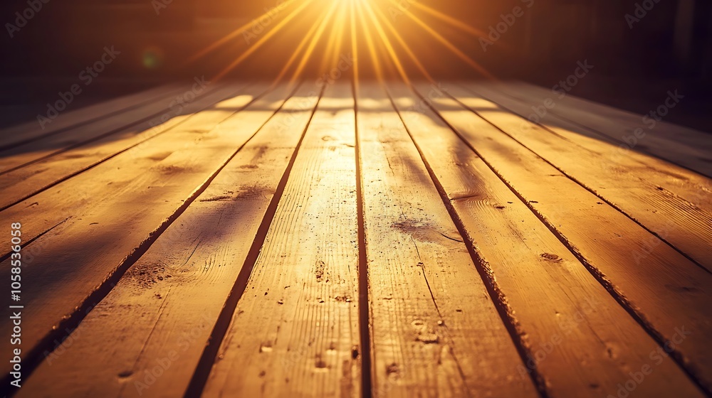 Poster wooden floor with warm sunlight subtle blur background with space for custom text
