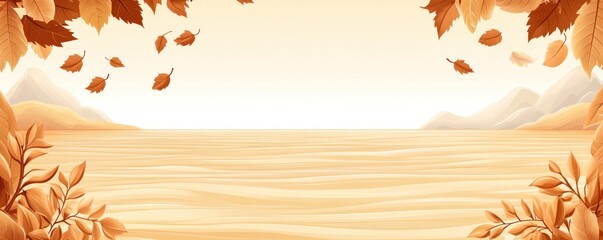 A serene landscape featuring a calm water body framed by autumn leaves and distant mountains.