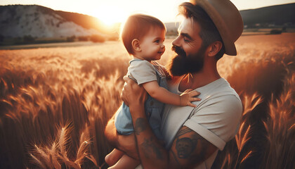 A loving family scene with a couple kissing at sunset while their child plays nearby, capturing joy and togetherness