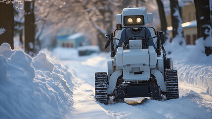 White robot drive a snowplow clearing snow from driveway, private home.