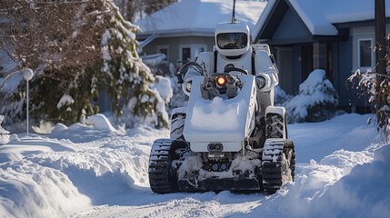 White robot drive a snowplow clearing snow from driveway, private home.