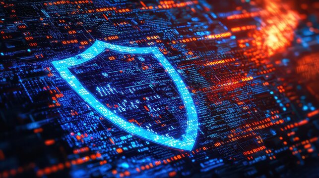Network Security. Internet Security. Firewall. Blue shield symbol on a computer screen with binary code running in the background.