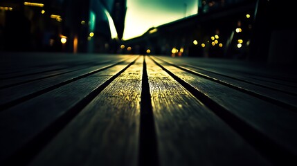 Perspective of Wooden Floor with Lights Abstract Gradient Background with Copy Space