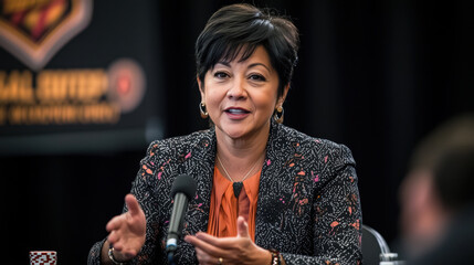 Confident Female Poker Director Addressing Tournament