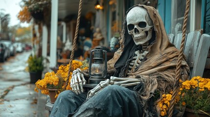 A skeleton in a hooded cloak sits on a swing, holding a lantern.