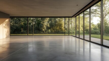Fototapeta premium Empty room interior with a concrete floor and expansive glass windows creates a modern studio atmosphere. This spacious modern studio offers ample copy space for design elements.