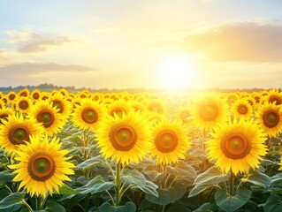A vibrant field of sunflowers under a bright sunset sky.