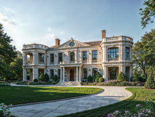 Obraz premium Luxury mansion with beautiful landscaped garden in the summer.