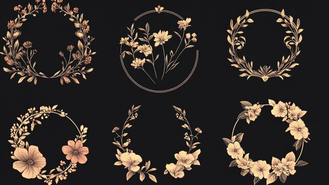 Six floral wreaths with delicate flowers and leaves are arranged on a black background