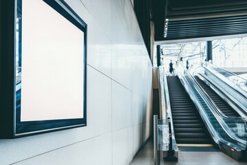 Fototapeta premium Minimalist Urban Scene with Empty Billboard and Modern Architectural Escalators