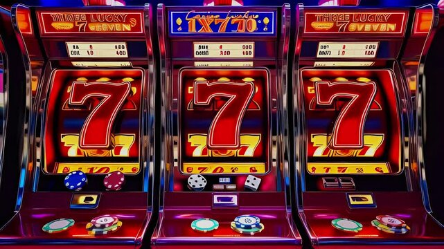 Three slot machines with the number seven displayed on each.