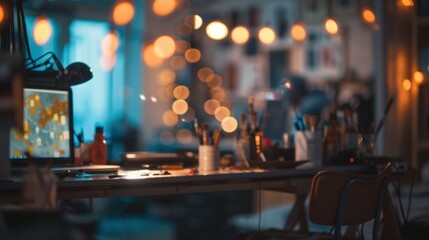 Hazy figures creating masterpieces in a dimly lit studio.