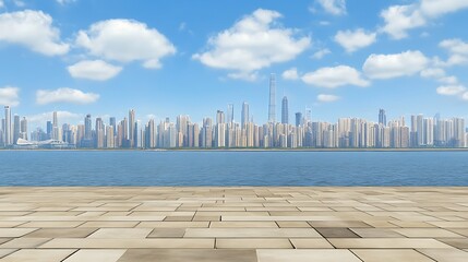 Cityscape with Water and Empty Pavement Simple Neutral Background with Free Space for Design