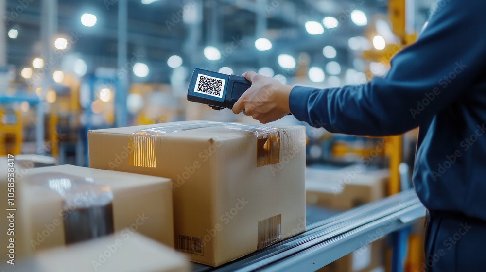 Poster scanning barcode on cardboard box in warehouse setting, showcasing logistics and inventory managemen