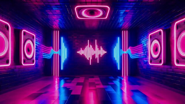 Neon glowing sound wave in a dark brick room with speakers.