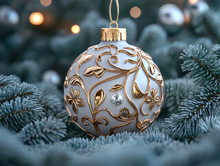 a Christmas ornament with a detailed gold design on a silver background.