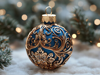 a Christmas ornament with a detailed gold design on a silver background.