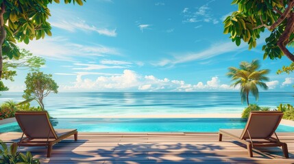 Beautiful poolside and exotic beach with sea background in sunny day, AI generated image