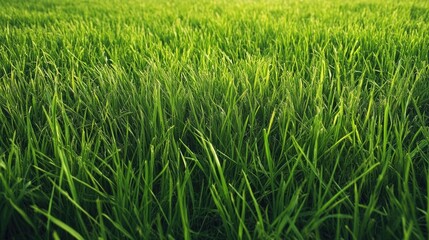 Obraz premium Vibrant long curly green grass blankets the meadow, creating a serene landscape. This image highlights the lush beauty of grassy expanses, with ample copy space for your text.