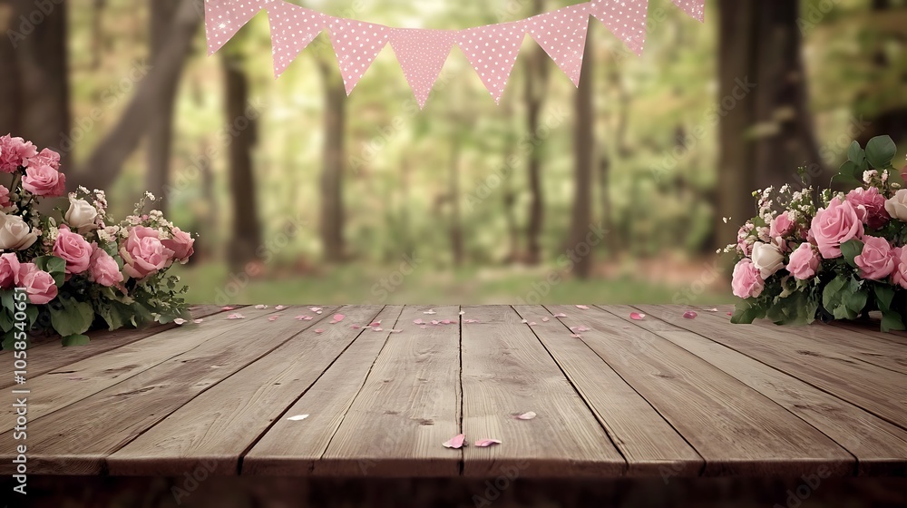 Poster rustic wooden table with flowers and party flags blank background with copy space for design project