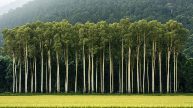 Tall eucalyptus trees lined up in front of dense forest with lush greenery and a field of crops in the foreground, creating a serene natural landscape.