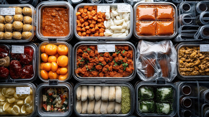 Assorted packaged foods displayed in clear plastic containers. Items include prepared meals, fruits, vegetables, sauces, and dumplings, showcasing a variety of textures and colors.