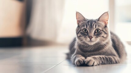 Beautiful gray domestic cat rests elegantly on a white tile floor, capturing the serene essence of a cozy indoor environment. Perfect for compositions with ample copy space.