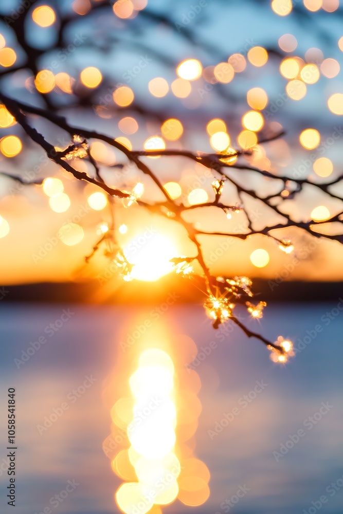 Poster sunset with bokeh lights smooth blue background with copy space for advertisements
