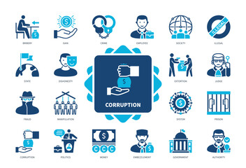 Corruption icon set. Bribery, Extortion, Dishonesty, Fraud, Money, Prison, Authority, Government. Duotone color solid icons