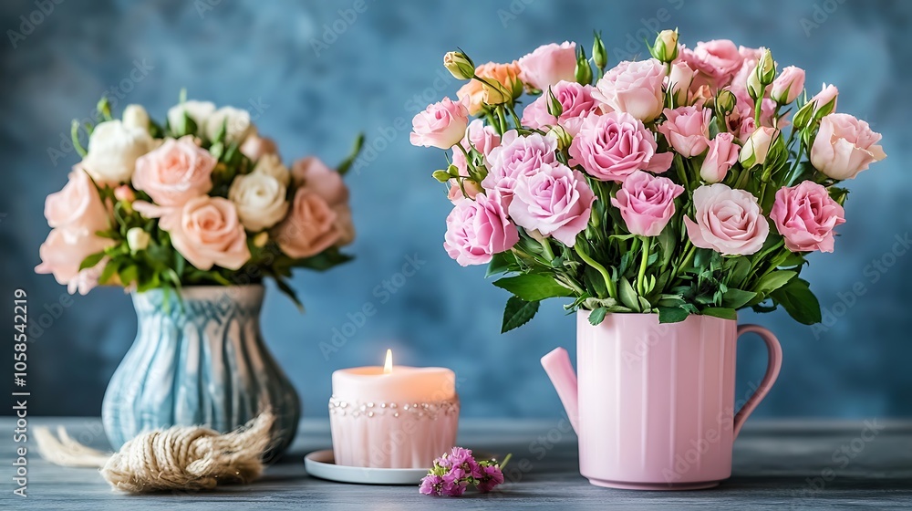 Poster pink roses in vases with candle plain textured background for web design and copy
