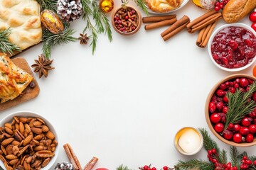 Fototapeta premium Festive food arrangement with nuts, cranberries, and pastries on a white background, perfect for holiday celebrations.
