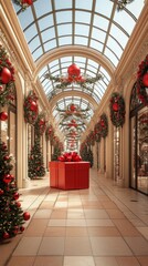 Beautiful holiday-decorated shopping mall during Christmas season with festive red ornaments