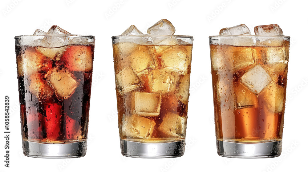 Poster three glasses of cola with ice on a transparent background generative ai