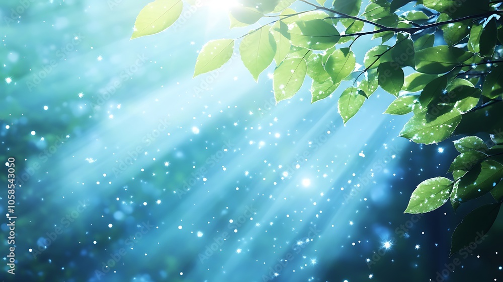 Poster sunlight through leaves in a forest abstract gradient background with copy space