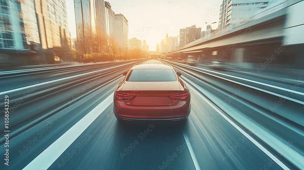Poster red car speeding on highway subtle blur background with space for custom text