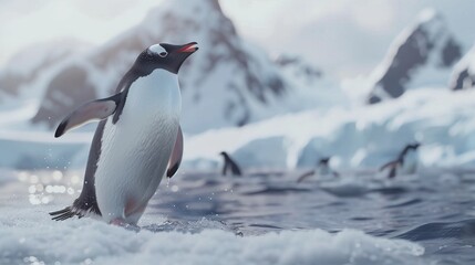 Obraz premium A penguin sliding on ice while singing, with a backdrop of snowy mountains and other penguins watching in delight.
