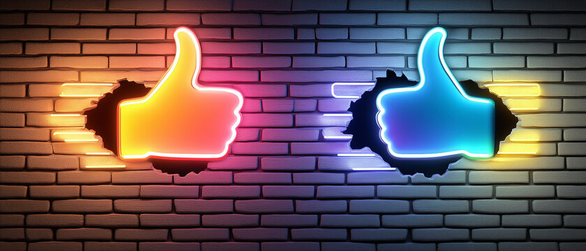 Neon Thumbs Up on Brick Wall.
