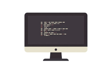 Illustration of a desktop computer screen displaying code. Represents programming, software development, and technology concepts.