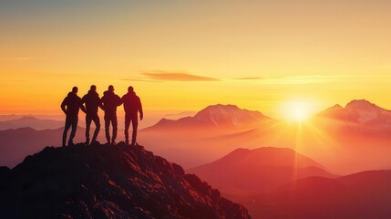 Friends watching a sunrise from a mountaintop, arm in arm, awe and friendship