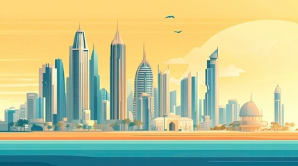 Obraz premium Abu Dhabi skyline with iconic Etihad Towers, blank space for text.