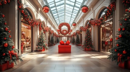 Beautiful holiday-decorated shopping mall during Christmas season with festive red ornaments