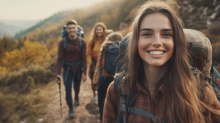 Fototapeta premium Friends hiking up a scenic mountain trail, backpacks and smiles, adventure spirit