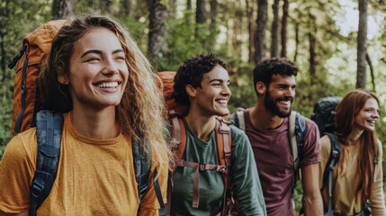 Friends hiking up a scenic mountain trail, backpacks and smiles, adventure spirit