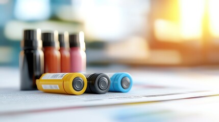 Fototapeta premium A stylized depiction of ink cartridges and toner bottles, with a focus on the colors and shapes, set against a background of printed pages, high resolution 8K