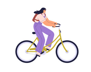 Fototapeta premium Woman cycling on bicycle, smiling and enjoying ride. Happy female cyclist traveling, pedaling on eco transport. Active girl on bike profile. Flat vector illustration isolated on white background