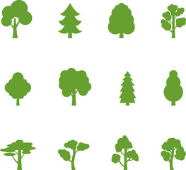 Fototapeta premium Autumn Trees with Fall Leafs. Tree icon, simple silhouettes. Forest. Flat trees set, pines, spruces, conifers and deciduous trees. Autumn Leafs isolated illustration.