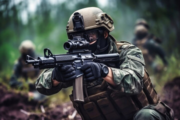 Fototapeta premium Chinese soldier in tactical gear takes aim with a rifle during a military training exercise in a forested area, showcasing focus and readiness
