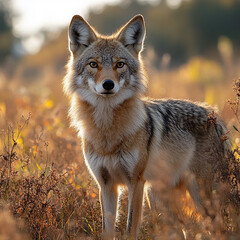 Obraz premium The image is an illustrative painting of a coyote centered in a field. The coyote is tan with dark fur tips, it's facing the viewer with bright orange eyes.