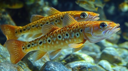 Two orange-spotted fish swimming in clear water over rocks.