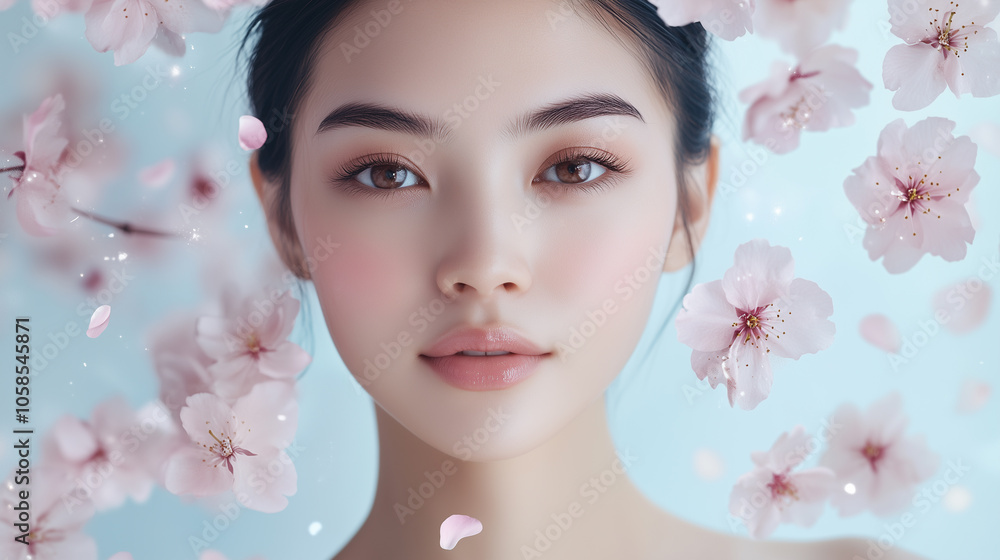 Aufkleber 美肌の若くて可愛いアジア人女性の美容ポートレート。ピンク色の綺麗な桜に囲まれたビューティーショット。